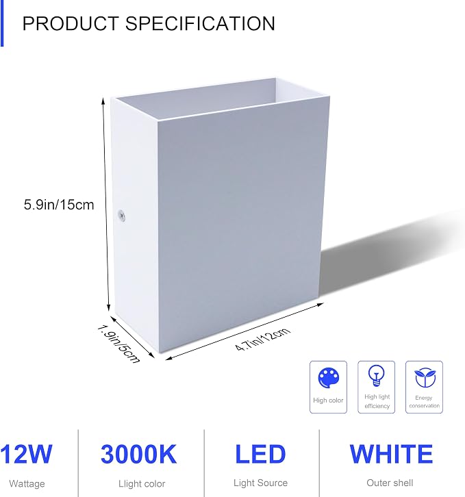 KICAAO LED Wall Sconces Set of Two, 12W Modern Wall Lamp, White Up Down Wall Mount Lights for Living Room Hallway Bedroom Decor, Hardwired Aluminum Wall lamp (White-1pcs)