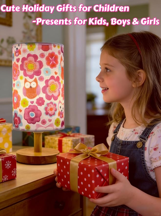 Owl Flower Kids Table Lamp for Bedroom Girls Bedsid Lamps,3-Way Dimmable Wood Base Nightstand Night Light with Cartoon Pattern Lampshade for Bedroom Living Kid Room Study for Kawaii Gift for Girls