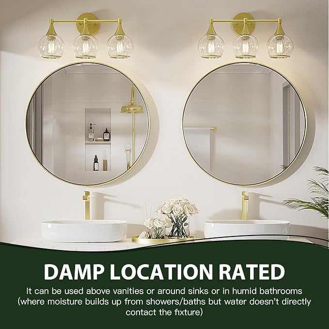 PAIHOME 3-Light Gold Bathroom Vanity Light Fixtures Over Mirror | Painted Gold, Anti-rust, UL-Certified, Elegant Globe Glass Shade, Modern Vintage, Easy to Install, Versatile Wall Decor Light