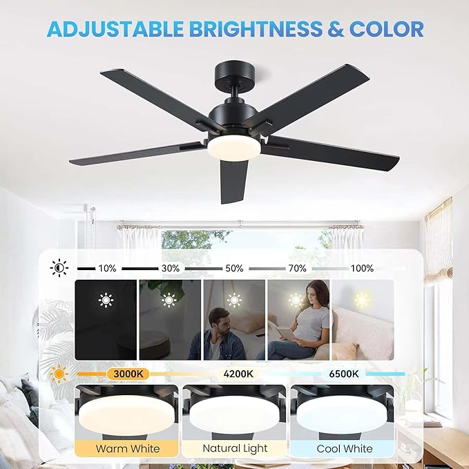 52 Inch Black Ceiling fan with Lights, Ceiling Fan with Lights and Remote/APP Control, Reversible, Dimmable, 3CCT, Quite Fan for Living Room, Bedroom, Indoor Outdoor Use