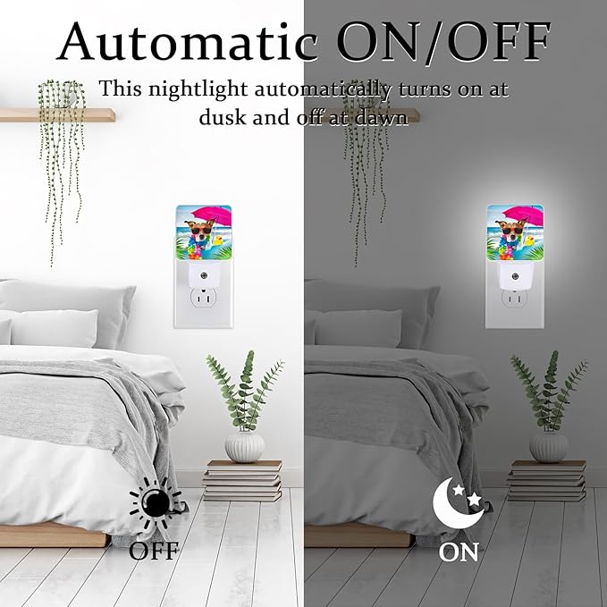 Cute Beach Dog Night Light, Plug-into Wall Nightlight Lamp with Dusk to Dawn Sensor, Led Lamp 0.5W Energy Efficient for Boys Girls Adults Home Decor