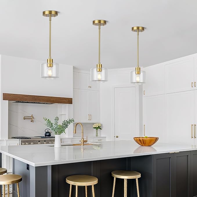Brushed Gold Pendant Lights Kitchen Island, 1-Light Modern Clear Glass Hanging Light Fixtures with Rods, Mini Kitchen Pendant Lighting Over Island for Sink Bathroom, OS-YQ8153-1PBGC