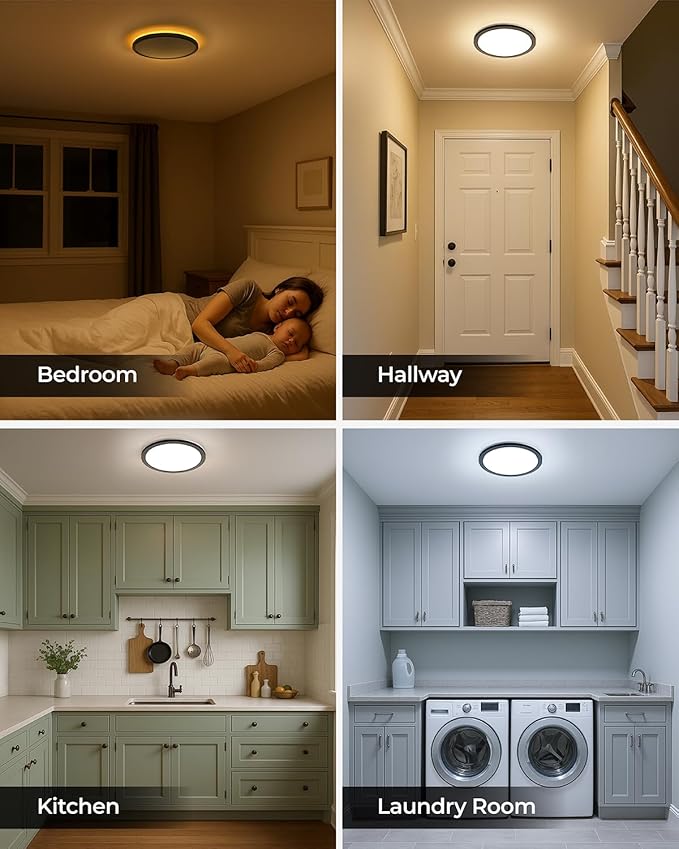 Matane 2Pack Dimmable Flush Mount Ceiling Light Fixture with Night Light, 18W 3000K 4000K 5000K, LED Low Profile Ceiling Lights for Bedroom Hallway Kitchen, 8.7inch Black Round
