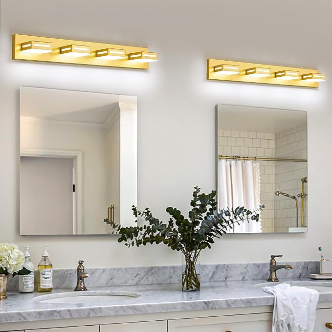 LED Modern Bathroom Light Fixtures, 4-Light 30-Inch Gold Vanity Lights for Bathroom Lighting Fixtures Over Mirror, 6000K Cool White 350° Rotatable Wall Lamp