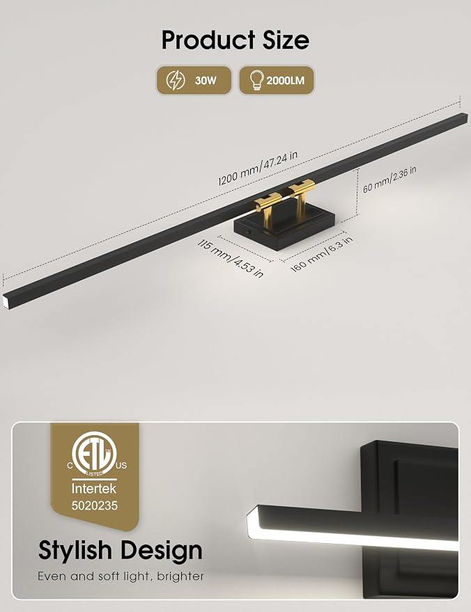 VOLISUN Modern Bathroom Vanity Light 48 inch, Rotatable, 30W Dimmable 5CCT Led Bathroom Light Fixture Over Mirror, Black Gold Bar Vanity Light for Bathroom Mirror Cabinets-ETL Certificated