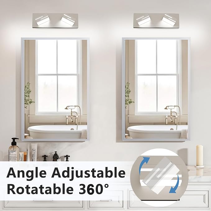 LED Modern Bathroom Vanity Light Fixtures, Dimmable Brushed Nickel Vanity Lights for Bathroom Lighting Fixtures Over Mirror, with 360° Rotatable Acrylic Heads 2-Light 16-inch (Cool White 6000K)
