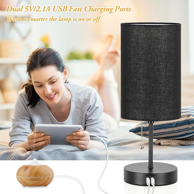 Set of 2 Table Lamps with 2 USB Ports, Bedside Lamps for Bedrooms, Modern Nightstand Lamps with Pull Chain, Minimalist Desk Lamps with Black Fabric Shade and Metal Base for Living Room Home Office