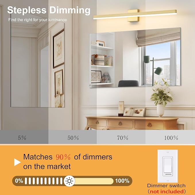 Gold Bathroom Vanity Light Fixture 39.4'' 20W Dimmable 5CCT LED Hardwired | Bathroom Light Fixture Over Mirror, Bathroom Wall Sconce, Rust-resistant, ETL Certificated, 2700K/3000K/3500K/4000K/5000K