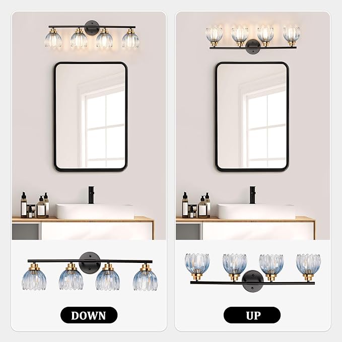 TALOYA Black Gold 4-Light Bathroom Vanity Light with Blue Tulip Glass Shade | Modern Vanity Lighting Fixtures, Bathroom Lights Over Mirror, Wall Mount Mirror Light Fixtures for Bathroom Hallway Bedroom