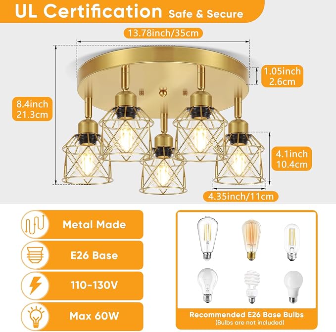 Baocuz 5-Light Semi Flush Mount Ceiling Light, Gold Kitchen Lighting Fixtures Ceiling with Metal Shade, Hallway Light Fixtures with Mini Cage for Entryway, Bedroom, Living Room