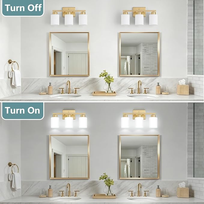 Gold Bathroom Light Fixtures Vanity Lighting Over Mirror | 3-Light Modern Wall Sconces with Milky White Frosted Glass Shades for Restroom (E26 Socket)