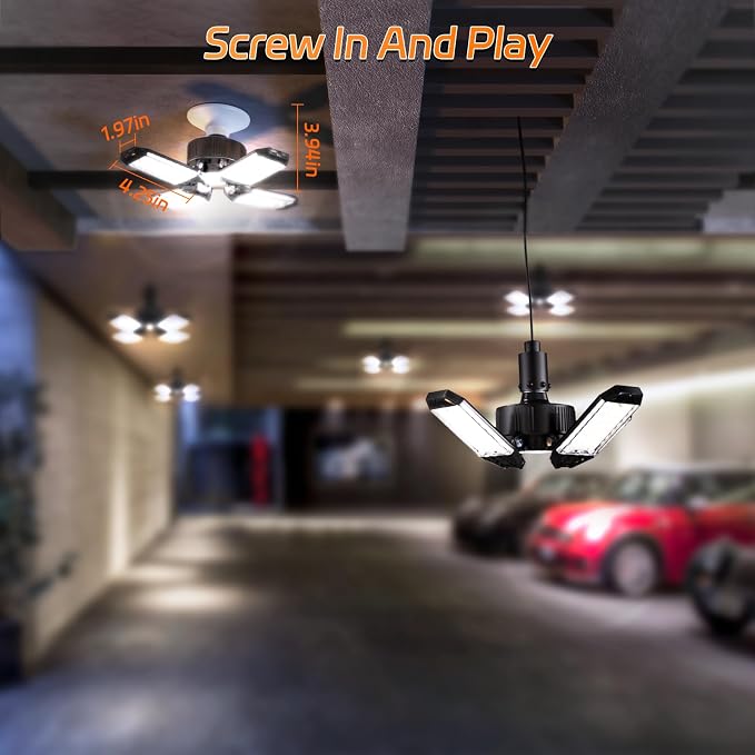 LED Garage Lights 4 Pack, 120W 12000LM Garage Lighting 6500K with 4+1 Deformable Panels, Screw Into E26 E27 Socket, Ceiling Lighting for Shop Workshop Basement Barn Attic Bay