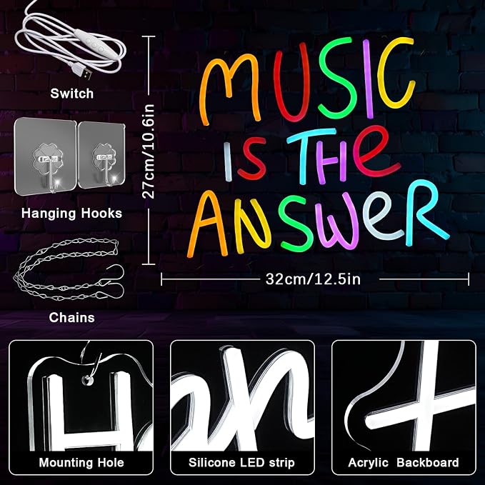 Music Is The Answer Neon Sign for Wall Decor Live Music Neon Light Colorful Letter Neon Light Sign Dimmable LED Word Light Sign for Studio Concert Home Party Bar Kidsroom Bedroom