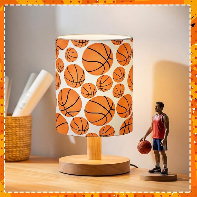 Basketball Kids Table Lamp for Bedroom Kids Bedside Lamp with Linen Wooden Nightstand Cartoon Nursery Lampshade for Girls Boys Living Room