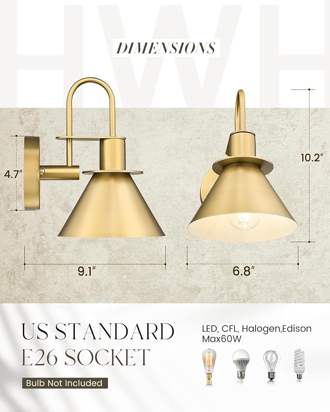 Wall Sconces Set of 2, HWH 1-Light Gold Bathroom Light Fixtures, Modern Barn Wall Lamp with Metal Shade, Indoor Wall Sconce Lighting for Bedroom Kitchen, Gold Finish, 5HZG56B-2 BG
