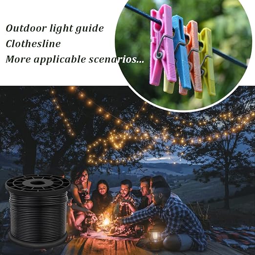 Vinyl Coated Wire Rope 304 Stainless Steel Coated Wire Cable-Black, 1/16" OD to 3/32" x 200FT, with 60 Pcs Crimping Sleeves-Cable for String Lights, Suitable for Clotheslines