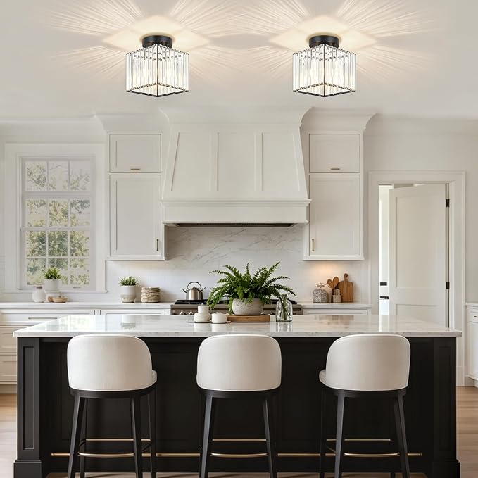 Modern Black Ceiling Light Fixture Crystal Hallway Entryway Light Fixtures | 2-Pack, 7.24 Inch, E26 Dimmable, Bathroom Bedroom Ceiling Light, Kitchen Dining Room Closet Close to Ceiling Light Fixtures
