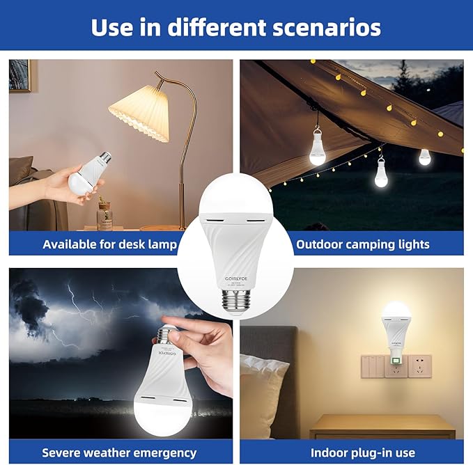 6 Pack Rechargeable Emergency Light Bulbs, Battery Powered LED Light Bulb | Daylight 9W E26 6500K 1500mAh for Home Power Outage Hurricane Blizzard Hiking Camping
