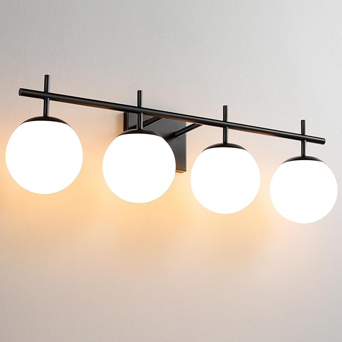 Bathroom Lighting Fixtures Over Mirror, 4-Light Matte Black Vanity Light, 30.7 Inch Modern Bathroom Light Fixtures with Milky White Glass Globe Shade Bath Vanity Lighting Fixtures Wall Sconce