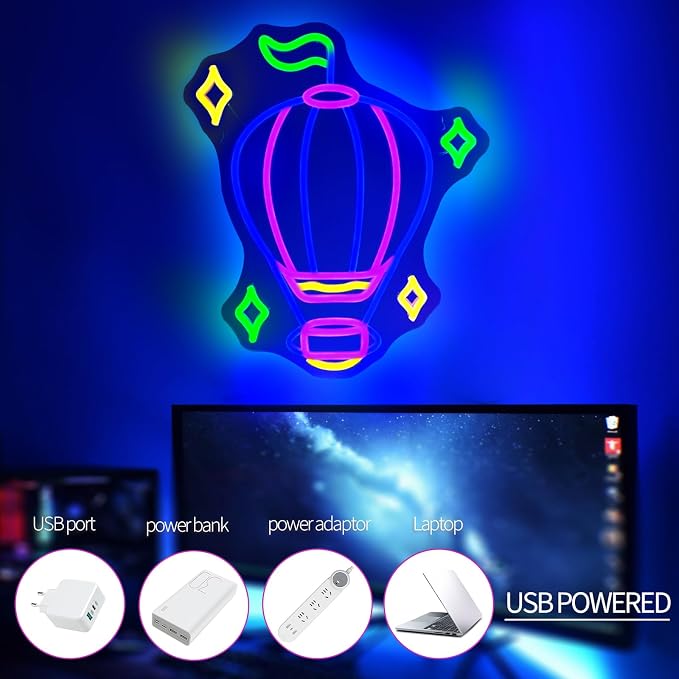 JEDAEMEN Hot Air Balloon Neon Signs for Wall Decor Blue Purple LED Sign | Balloon Neon Lights Led Light Sign Preppy Room Decor Light Up Sign for Birthday Party Decoration USB Powered
