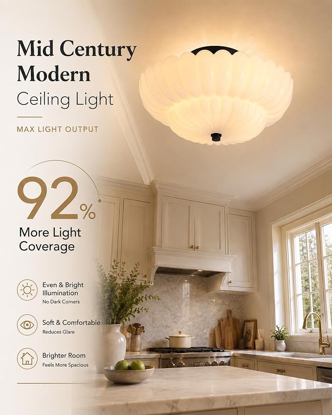 Semi Flush Mount Ceiling Light Fixture 14" Vinatge Black Ceiling Lights Mid Century Modern Milk White Glass Close to Ceiling Lighting Fixtures for Bedroom Hallway Kitchen Laundry Room Bathroom