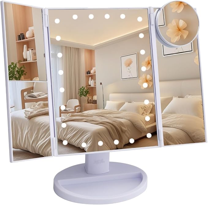 Ms. Pen- Tri-Fold Makeup Mirror Vanity with Lights, 9" x 13.6" | 1X/2X/3X/10X Magnification, 24 LED Touch Screen, Dual Power Supply, 180° Rotation