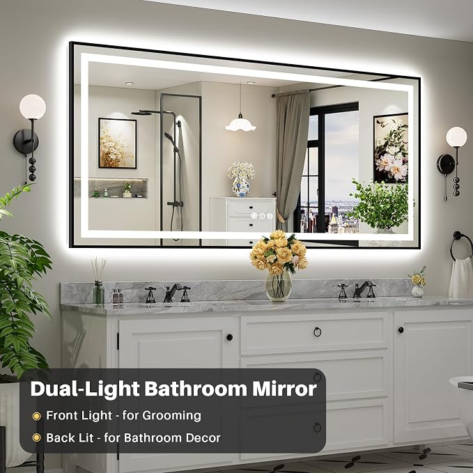84x40 Inch LED Bathroom Mirror with Black Frame, Backlit & Front Lit | Anti-fog, 3 Color Dimmable, Memory Function, HD Reflection Tempered Glass, ETL Listed, IP54 Waterproof