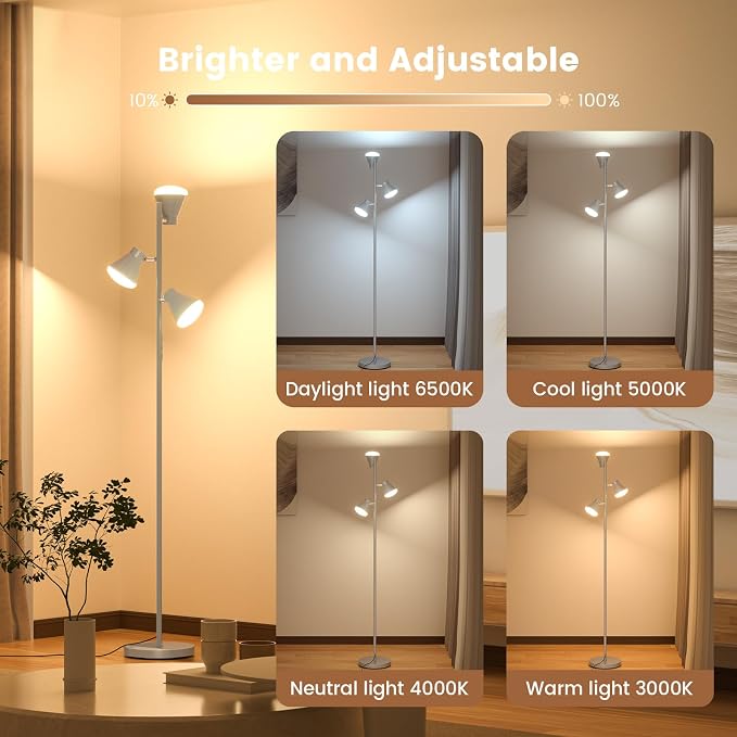 36W LED Tree Floor Lamp, Dimmable Tall Standing Lamp with Remote & Touch Control, 4 Color Temperatures Bright Floor Lamp, 3 Rotatable Light Modern Floor Lamps