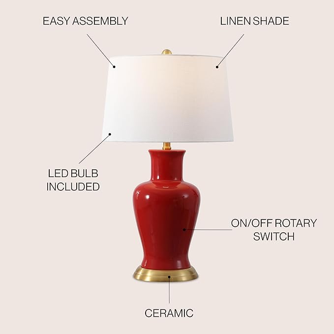 JONATHAN Y 29" Red Traditional Ceramic Urn LED Table Lamp for Bedroom Decor, White Linen Drum Shade, Classic Nightstand Lamp for Living Room, LED Bulb Included (JYL4026G)