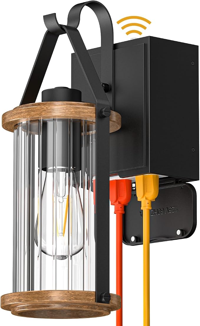 Porch Light with Outlet GFCI Dusk to Dawn Outdoor Lights for House Waterproof Exterior Lighting Fixtures Wood Look Glass Modern Front Porch Garage