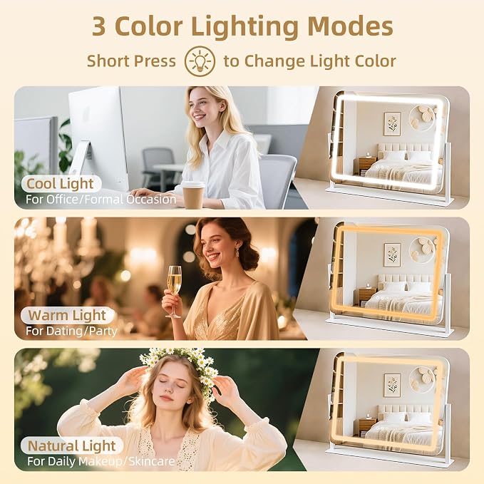 Vanity Mirror with Lights 22"x17", Lighted Makeup Mirror with 10X Magnification 4.5", 3 Color Dimmble Lights, Touch Control, 360° Rotation, Metal Frame, Women's Gift, For Bedroom/Dressing Room, White