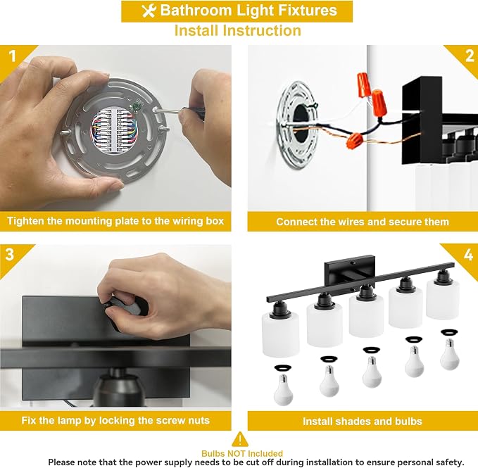 5-Light Bathroom Light Fixtures Over Mirror, Matte Black Vanity Lights, Modern Bathroom Vanity Light, Glass Shade & Anti-Rust Nickel Finished, Bathroom Light for Small Space