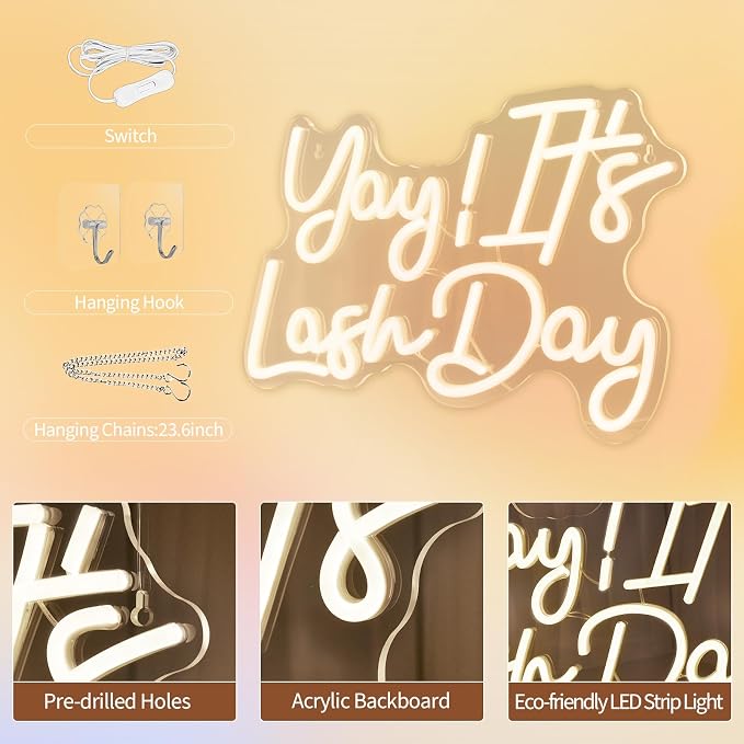 JEDAEMEN Yay It's Lash Day Neon Signs for Wall Decor Warm White LED Sign | Lash Neon Lights Led Light for Girls Beauty Makeup Room Decor Light Up Sign for Party Lash Salon Decoration USB Powered