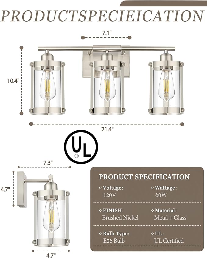 3-Light Brushed Nickel Bathroom Light Fixtures, 21 Inch Modern Bathroom Vanity Lighting Fixtures Over Mirror with Clear Glass and Metal Cage Wall Sconce Lights for Bath, E26, OS-3014BN-3W