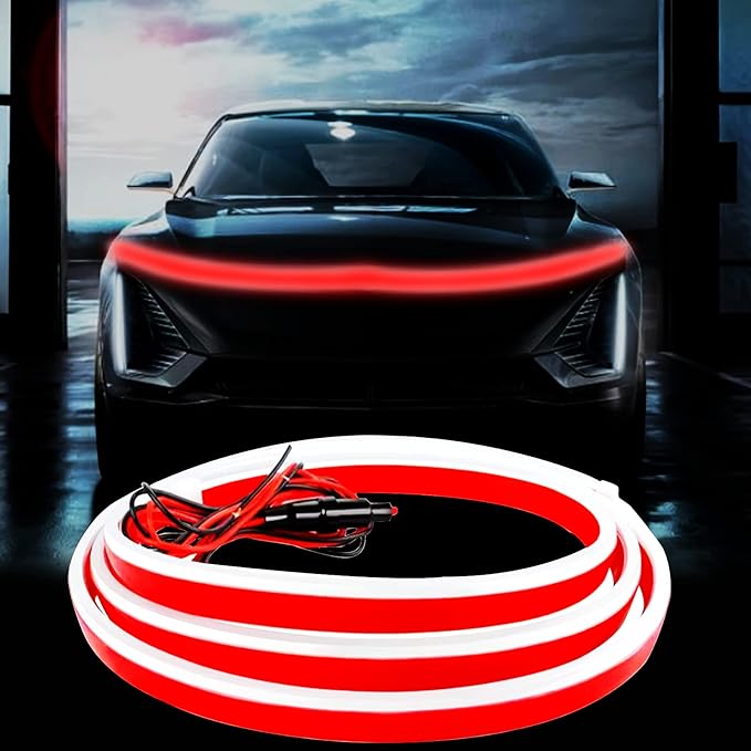 Car Hood Light, 70 Inch Auto LED Daytime Running Lights Strip (Red) | 12V, Flexible Headlight, Universal bonnet light for Cars, SUVs, Trucks, Engine Cover Decoration, Dynamic Scan Start-up Effect
