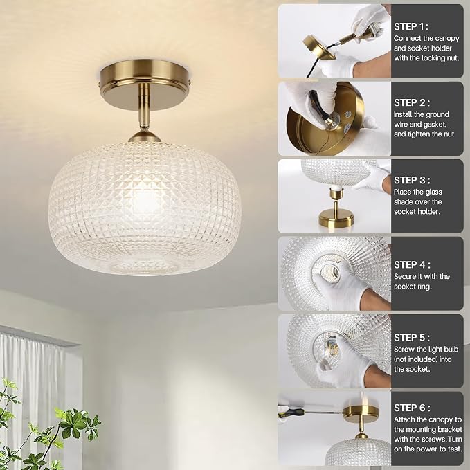 Glass Semi Flush Mount Ceiling Light Fixture, Gold Vintage Globe Lamp, Sloped Ceiling Adaptable, for Hallway, Kitchen, Bedroom, or Entryway, Modern Farmhouse Style Light for Dining Room