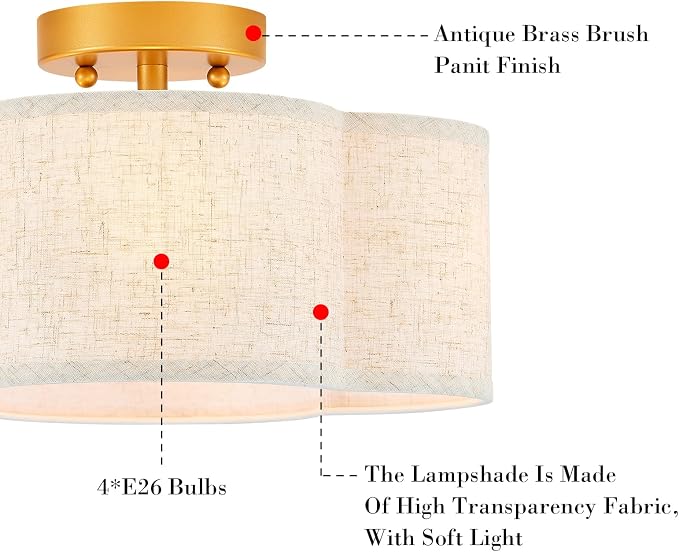 VILUXY Semi Flush Mount Ceiling Light Fixture, 4-Light Modern Ceiling Lights with Linen Shade Farmhouse Gold Close to Ceiling Light for Bedroom Hallway Nursery Entryway, UL Listed