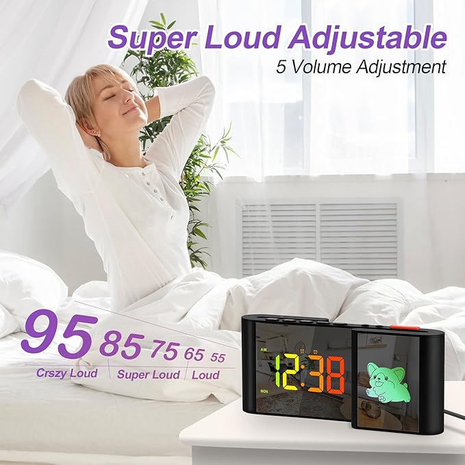 Alarm Clock,Alarm Clocks Bedside with Cute Cartoon,7.2''Large Mirror Clock,11 Colors Digital,10 Color RGB Cartoon,Week Display,Auto Dimming,Dual Alarms,USB Port,5 Levels Volume for Bedroom Table Decor