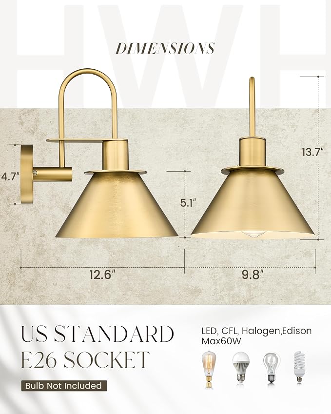 Brass Wall Sconce, HWH Modern Wall Light Sconces for Bedroom Bathroom, 1-Light Indoor Wall Light Fixtures with Metal Shade, White Interior, Gold Finish, 5HZG56BL BG