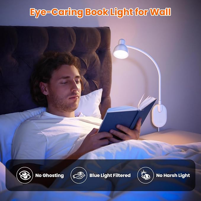 Wall Mounted Reading Light, LED Wall Bedside Lamp with Adapter White | 5 Color 10 Brightness,Plug-in Adhesive Wall Reading Lights for Books in Bed, Auto-Off Timer Wall Lights for Bedroom Headboard