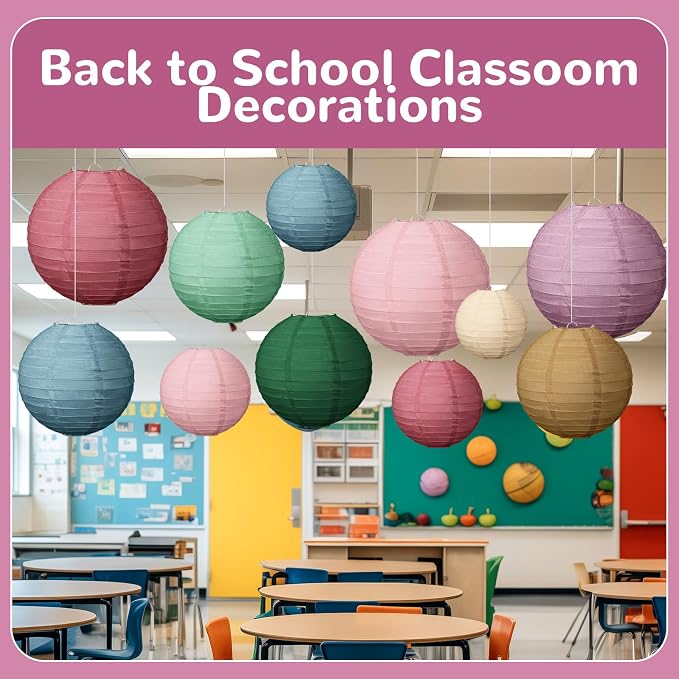 Glooglitter 16 Pcs Boho Hanging Paper Lanterns Back to School Party Decoration 4'' 6'' 8'' 10'' Colorful Round Lanterns for Classroom Ceiling Decor Indoor Outdoor Birthday Wedding Bridal Baby Shower