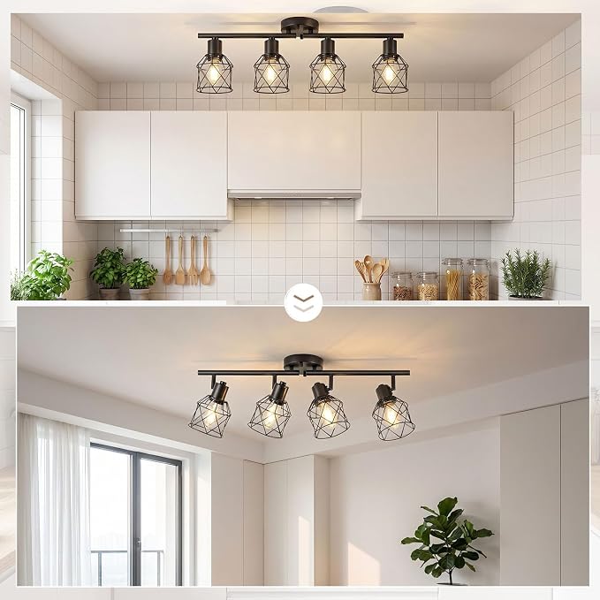 4-Lights Semi Flush Mount Ceiling Light, Adjustable Multi-Directional Track Lighting Fixtures, Rotatable Farmhouse Light Fixtures Mount with Metal Cage for Kitchen, Dining Room, Living Room