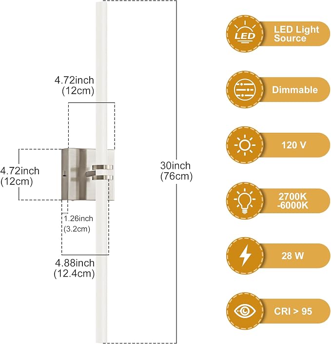 Bathroom Light Fixture LED Vanity Light 30" 5CCT Wall Sconce 28W | LED Dimmable Wall Light Nickel Modern 360° Lighting, Hardwired Vanity Light for Bathroom Mirror, Flicker-Free