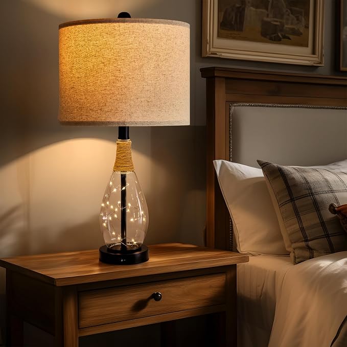 Bedside Table Lamp with USB, 23‘’ Black Modern Nightstand Lamps for Bedroom, Retro Rattan Table Lamps for Night Stands, Living Room, Farmhouse Table Lamp with Glass Nightlight Lamps