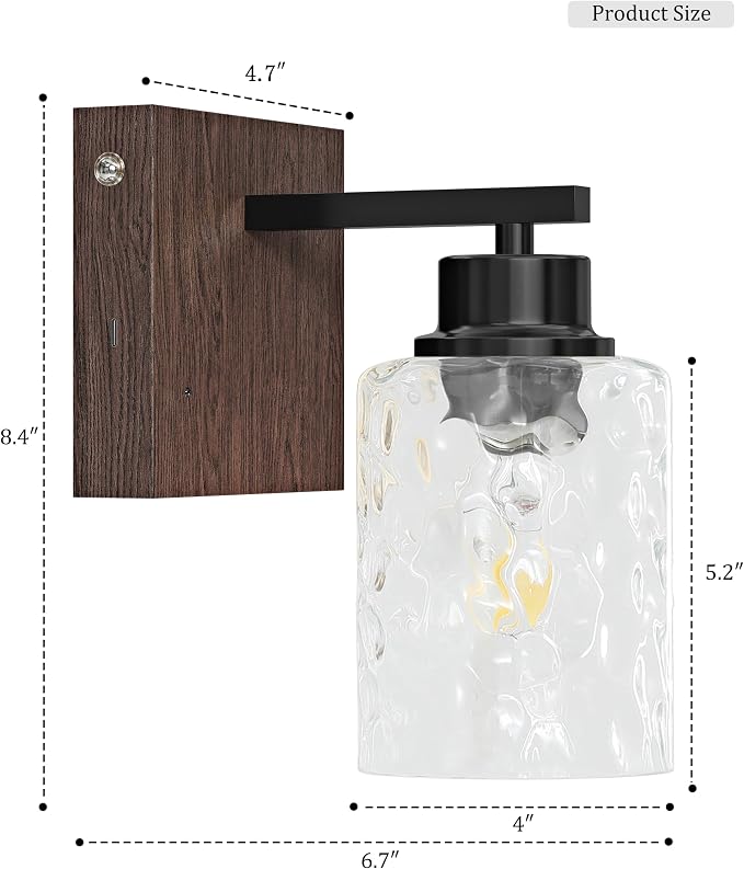 Hammered Glass Battery Operated Wall Sconces Set of Two Black & Walnut | Dimmable Rechargeable Wall Lights with Remote Timer, Easy Install Lamp for Living Room Bedroom, Emergency 3000K
