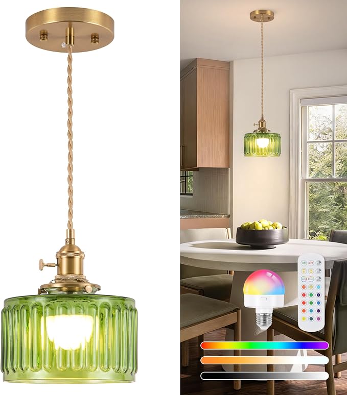 Battery Operated Pendant Light,Vintage Light Fixtures RGB Rechargeable Light Bulb 2500mAh 6.6in with Remote Control Wireless Adjustable Chandelier for Kitchen Island Hallway 1 Light