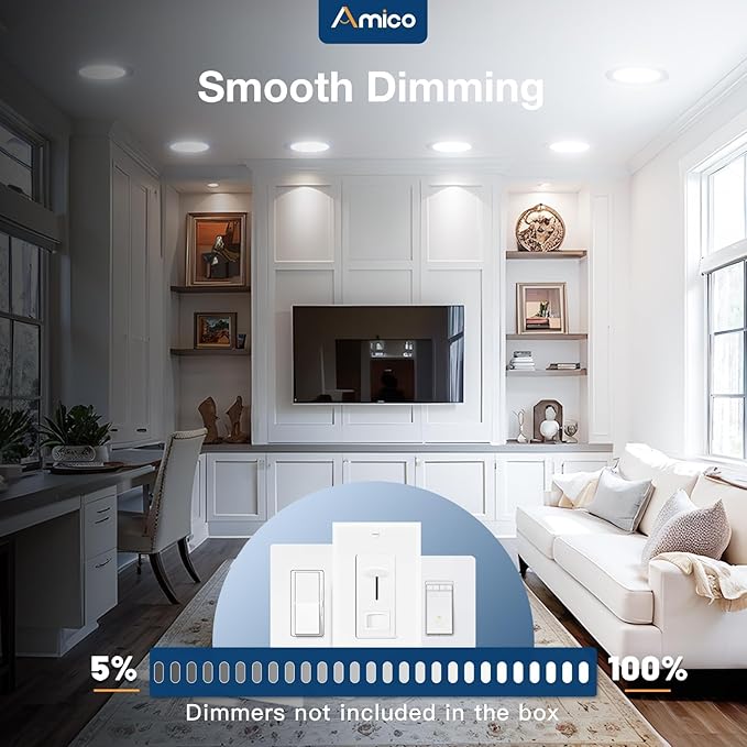 Amico 6 Pack 5 Inch 5CCT Ultra-Thin LED Canless Recessed Ceiling Light with Junction Box, 2700K/3000K/3500K/4000K/5000K Selectable, 11W=75W, 900LM High Brightness, Dimmable Wafer Downlight-ETL&FCC