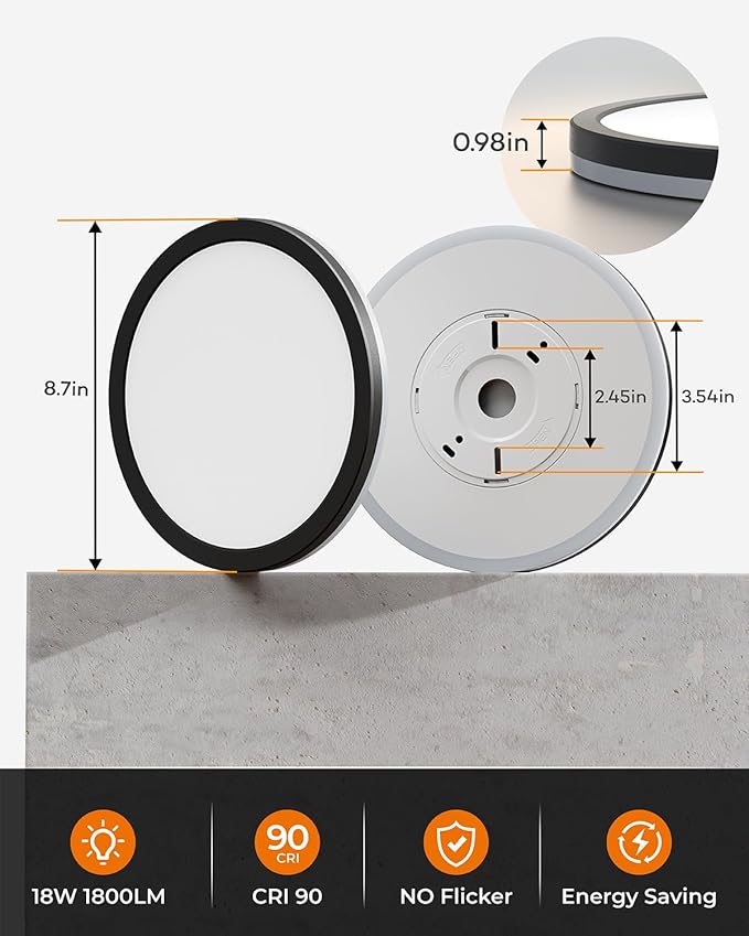 Matane 2Pack Dimmable Flush Mount Ceiling Light Fixture with Night Light, 18W 3000K 4000K 5000K, LED Low Profile Ceiling Lights for Bedroom Hallway Kitchen, 8.7inch Black Round