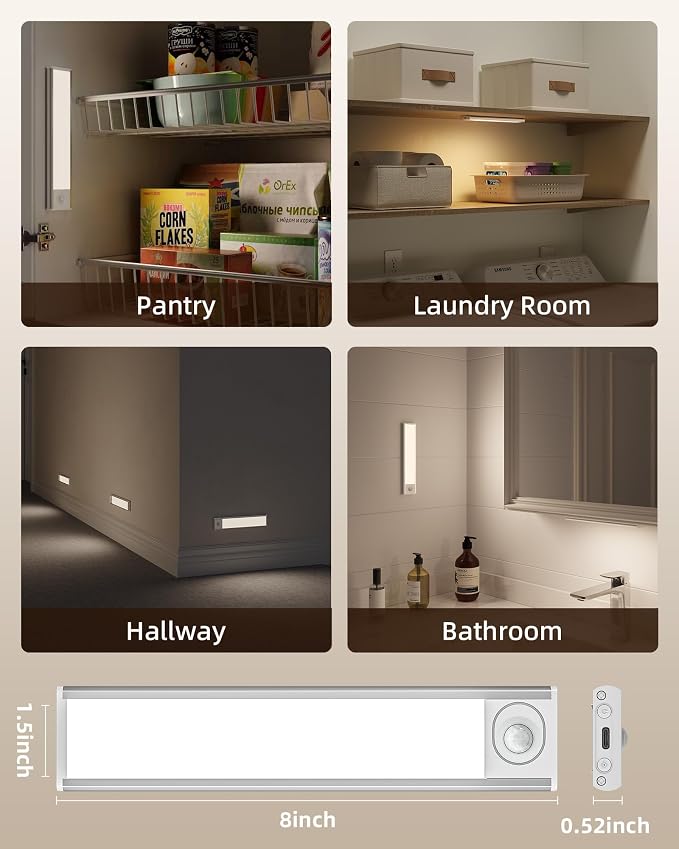Under Cabinet Lights, Closet Lights Motion Sensored | 6-Pack, 1800mAh Rechargeable Battery, Wireless, Magnetic, Timer, 3 Color Temps, Kitchen, Closet
