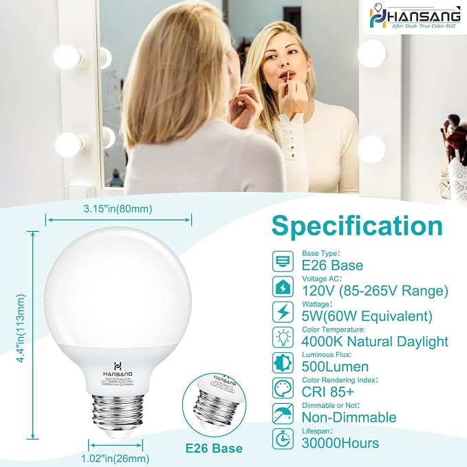 20 Pack LED Vanity Barthroom Light Bulbs 60W Equivalent 4000K Natural White | G25 LED Light Bulbs, E26 Base, CRI85+ Eye-Friendly, Type G Round Light Bulb Over Mirror, 120V, 5W, 500LM, Non-Dimmable